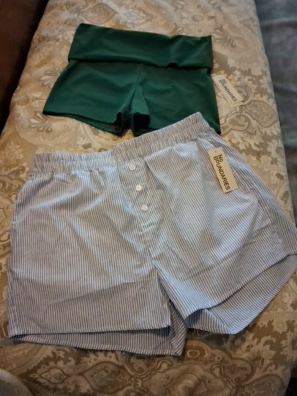 NWT No Boundaries Cotton Boxer Shorts with Rollover Waist + Green Shorts. Size M